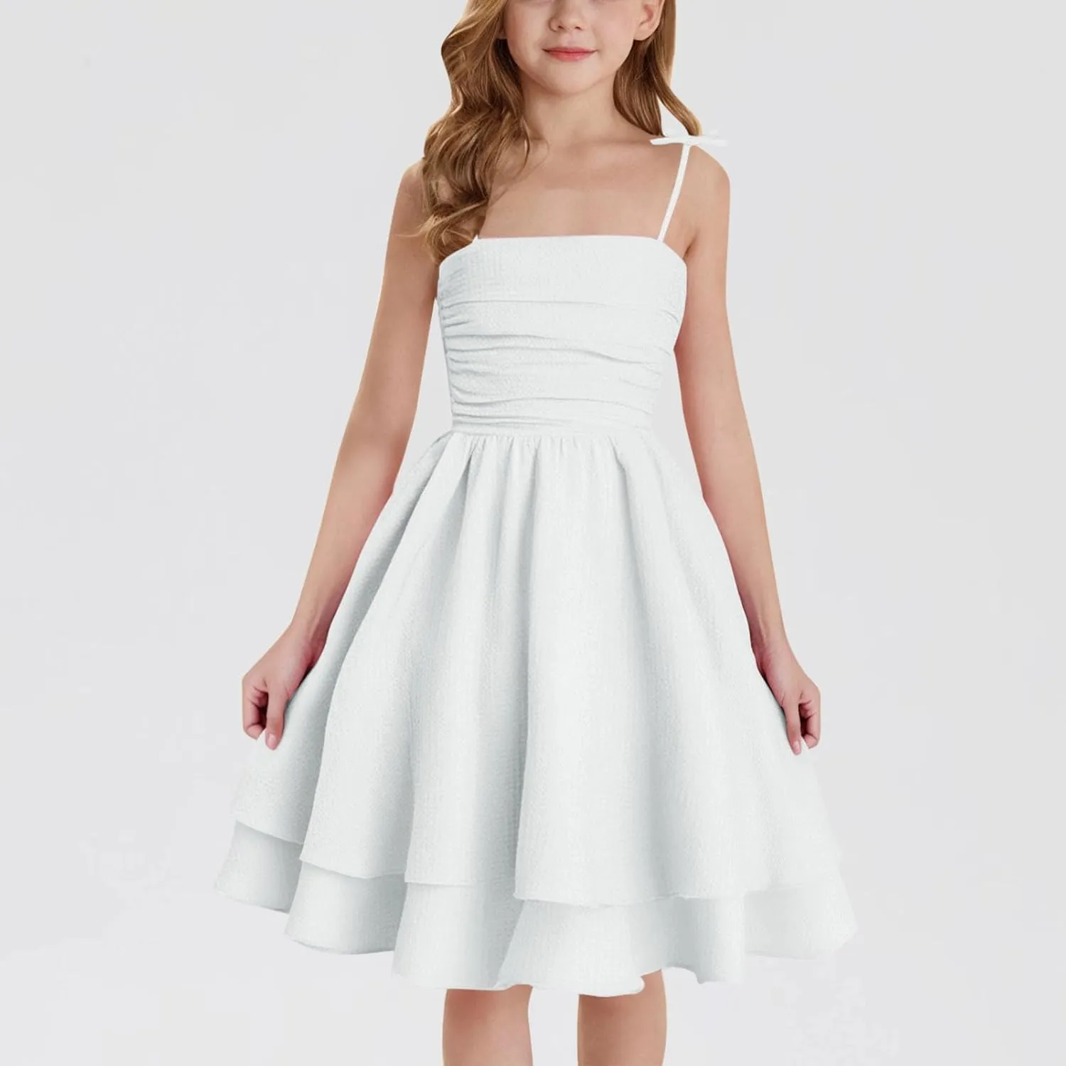 Girl's Sleeveless Dress Smocked Ruched Dresses A Line Swing Layered Dress Formal Cami Dresses Party Prom Gowns