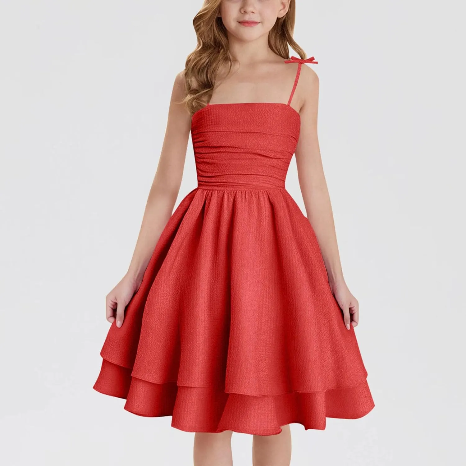 Girl's Sleeveless Dress Smocked Ruched Dresses A Line Swing Layered Dress Formal Cami Dresses Party Prom Gowns