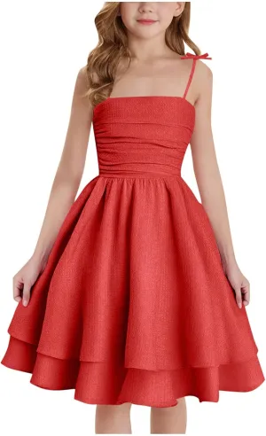 Girl's Sleeveless Dress Smocked Ruched Dresses A Line Swing Layered Dress Formal Cami Dresses Party Prom Gowns