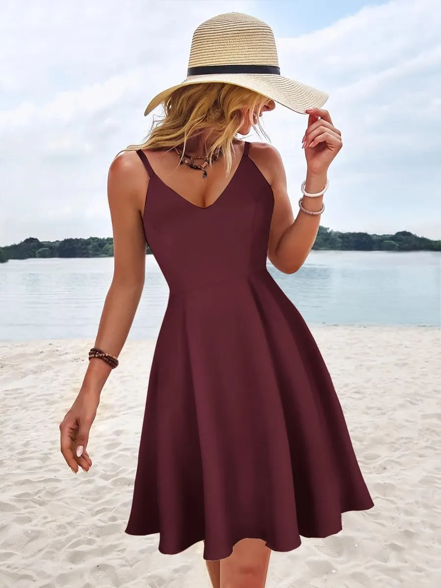 GOOBGS Women's 1950s Retro Vintage Spaghetti Strap Cocktail Swing Dresses with Pockets