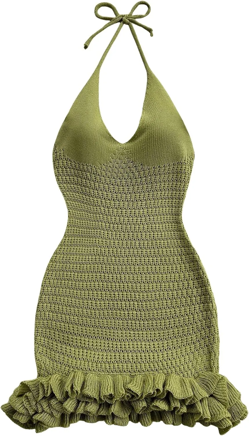 GORGLITTER Women's Crochet Halter Bubble Mini Dress Bow Backless Summer Bodycon Knit Dress Vacation Festival Outfits