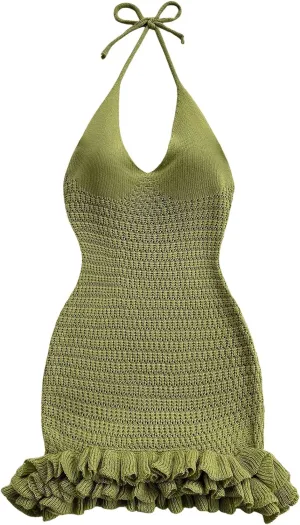 GORGLITTER Women's Crochet Halter Bubble Mini Dress Bow Backless Summer Bodycon Knit Dress Vacation Festival Outfits