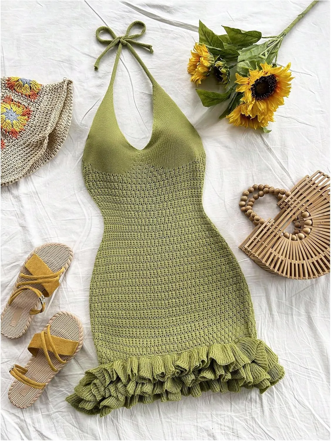 GORGLITTER Women's Crochet Halter Bubble Mini Dress Bow Backless Summer Bodycon Knit Dress Vacation Festival Outfits