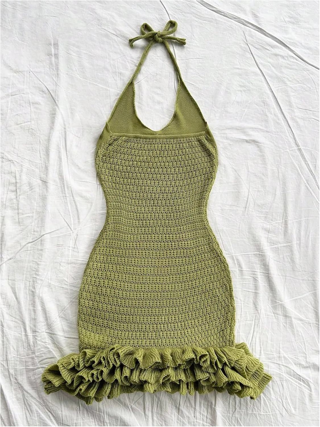 GORGLITTER Women's Crochet Halter Bubble Mini Dress Bow Backless Summer Bodycon Knit Dress Vacation Festival Outfits