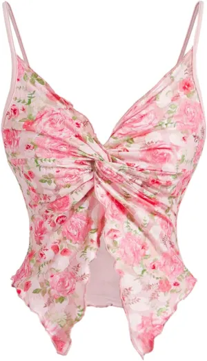 GORGLITTER Women's Floral Camisole Top Twist Front Y2K Coquette Crop Cami Tops