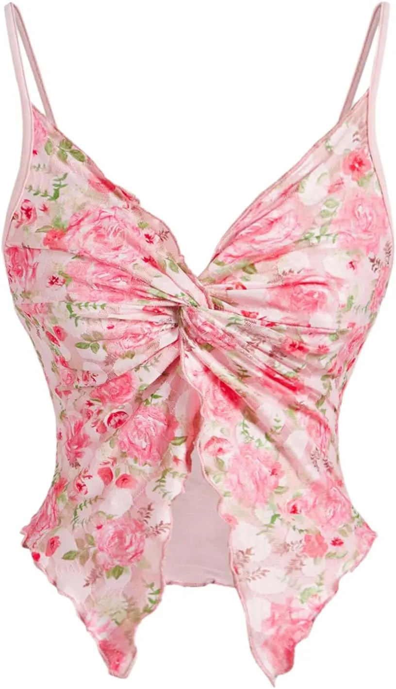 GORGLITTER Women's Floral Camisole Top Twist Front Y2K Coquette Crop Cami Tops