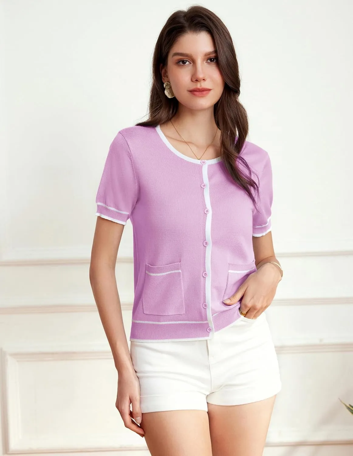 GRACE KARIN Short Sleeve Contrast Cardigan Sweaters for Women Summer Casual Striped Button Down Bolero Shrug