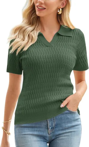 GRACE KARIN Womens 2025 Summer Short Sleeve Sweater V-Neck Collared Pullover Sweater Tops Lightweight Knit Polo Shirt