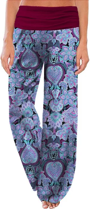 Gracyoga Women's Comfy Pajama Pants Wide Leg Lounge Palazzo Yoga Pants Stretch Casual Floral Print Fold Waist Pants
