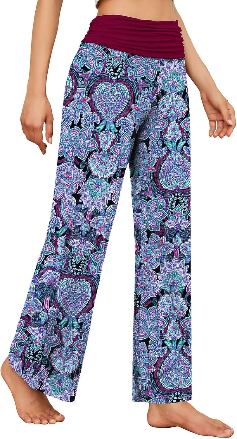 Gracyoga Women's Comfy Pajama Pants Wide Leg Lounge Palazzo Yoga Pants Stretch Casual Floral Print Fold Waist Pants