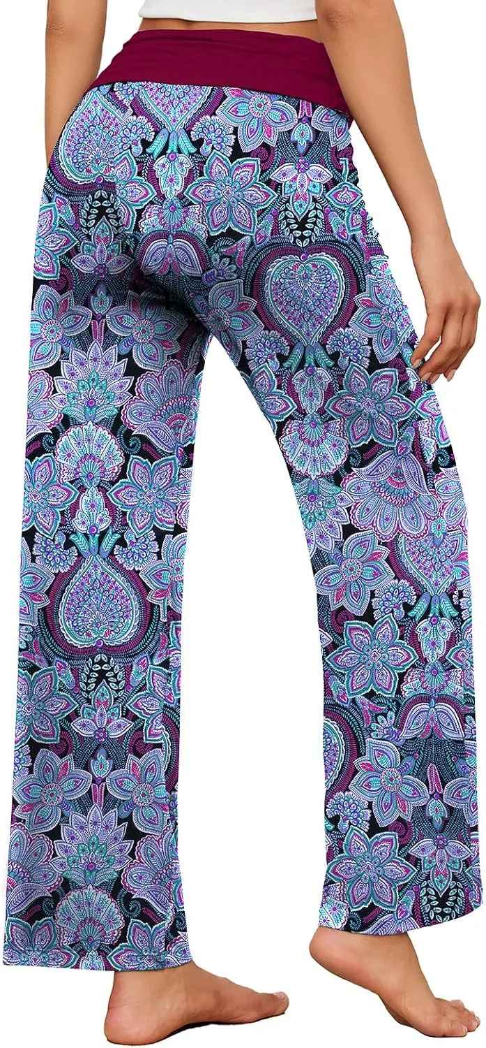 Gracyoga Women's Comfy Pajama Pants Wide Leg Lounge Palazzo Yoga Pants Stretch Casual Floral Print Fold Waist Pants