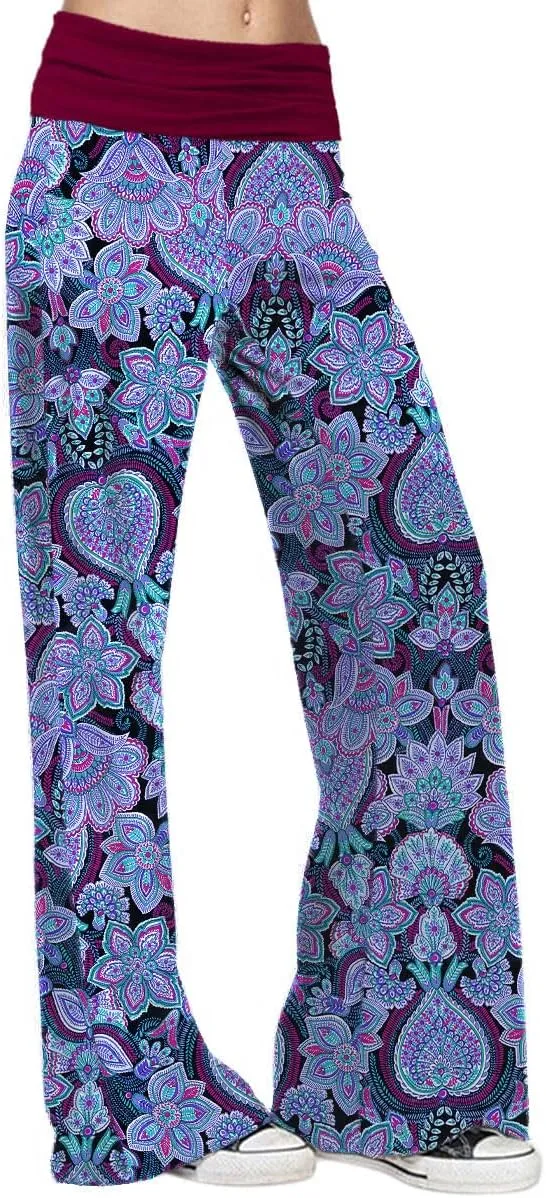 Gracyoga Women's Comfy Pajama Pants Wide Leg Lounge Palazzo Yoga Pants Stretch Casual Floral Print Fold Waist Pants