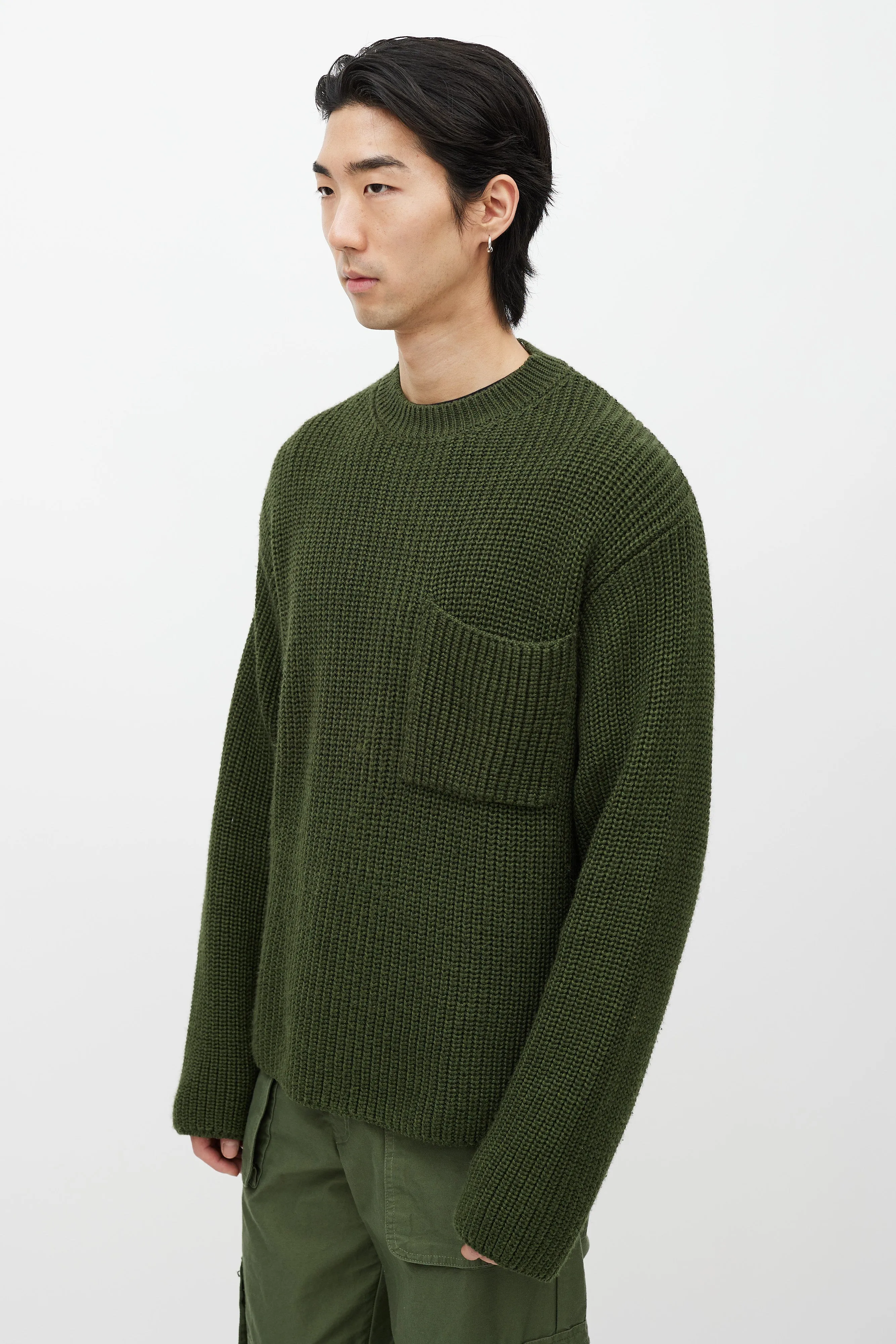 Green Wool Ribbed Knit Sweater