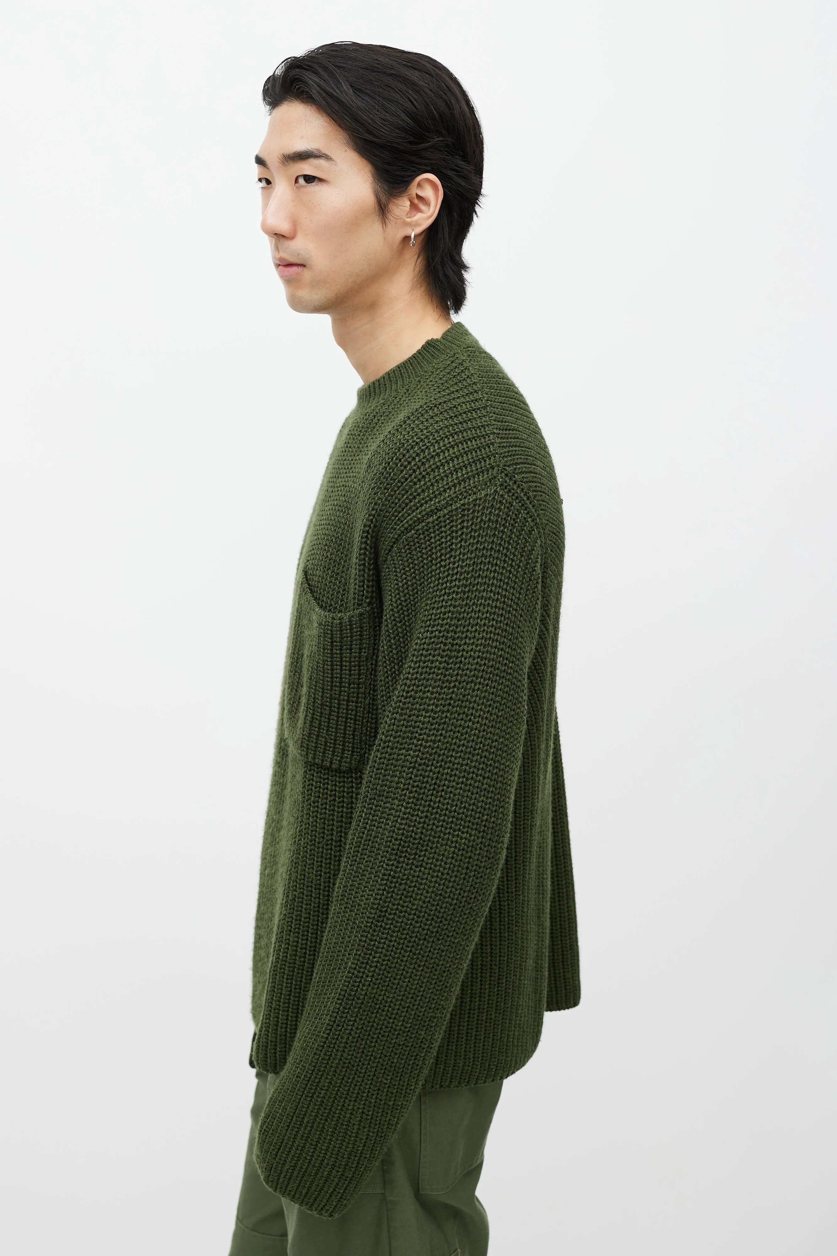 Green Wool Ribbed Knit Sweater