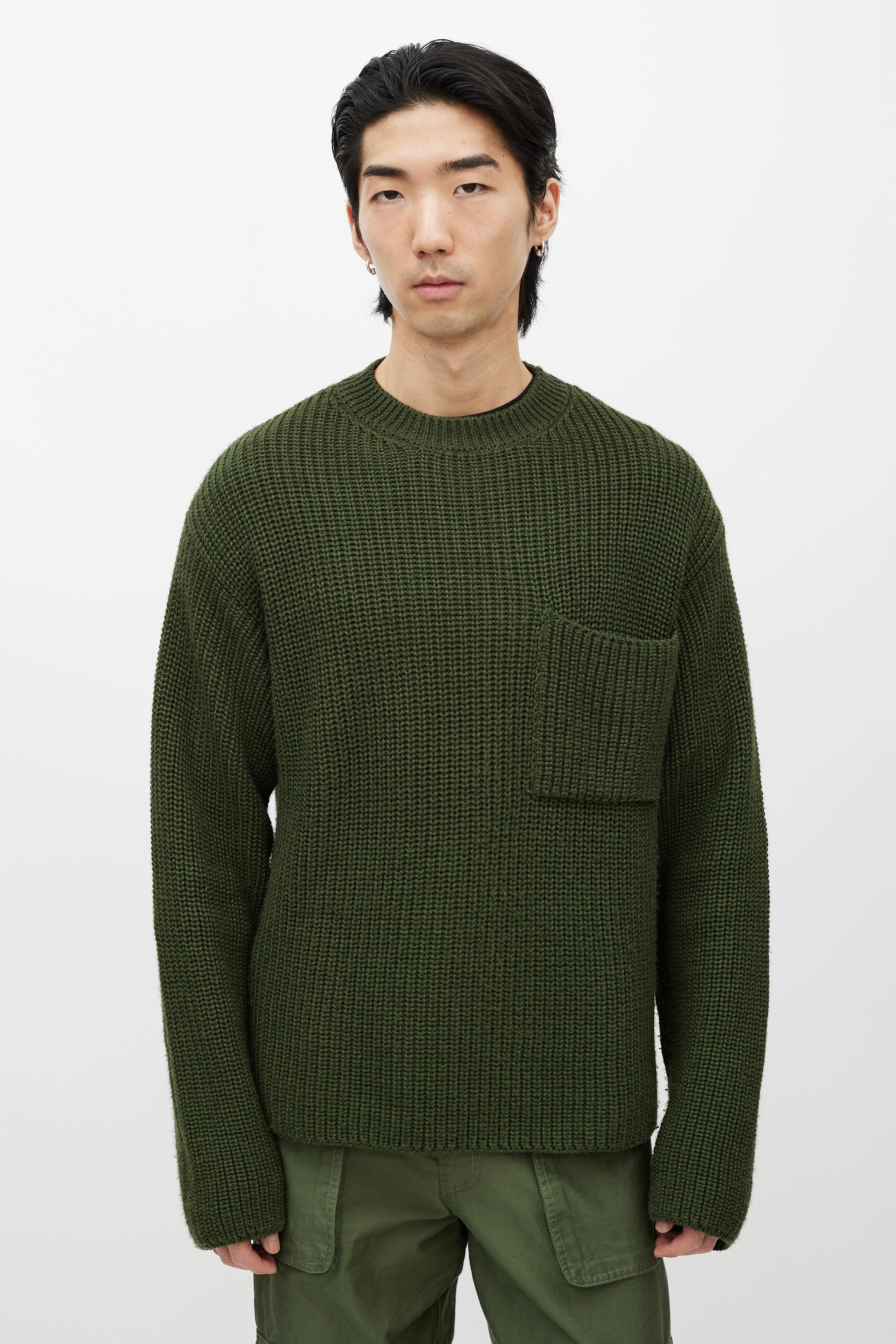 Green Wool Ribbed Knit Sweater