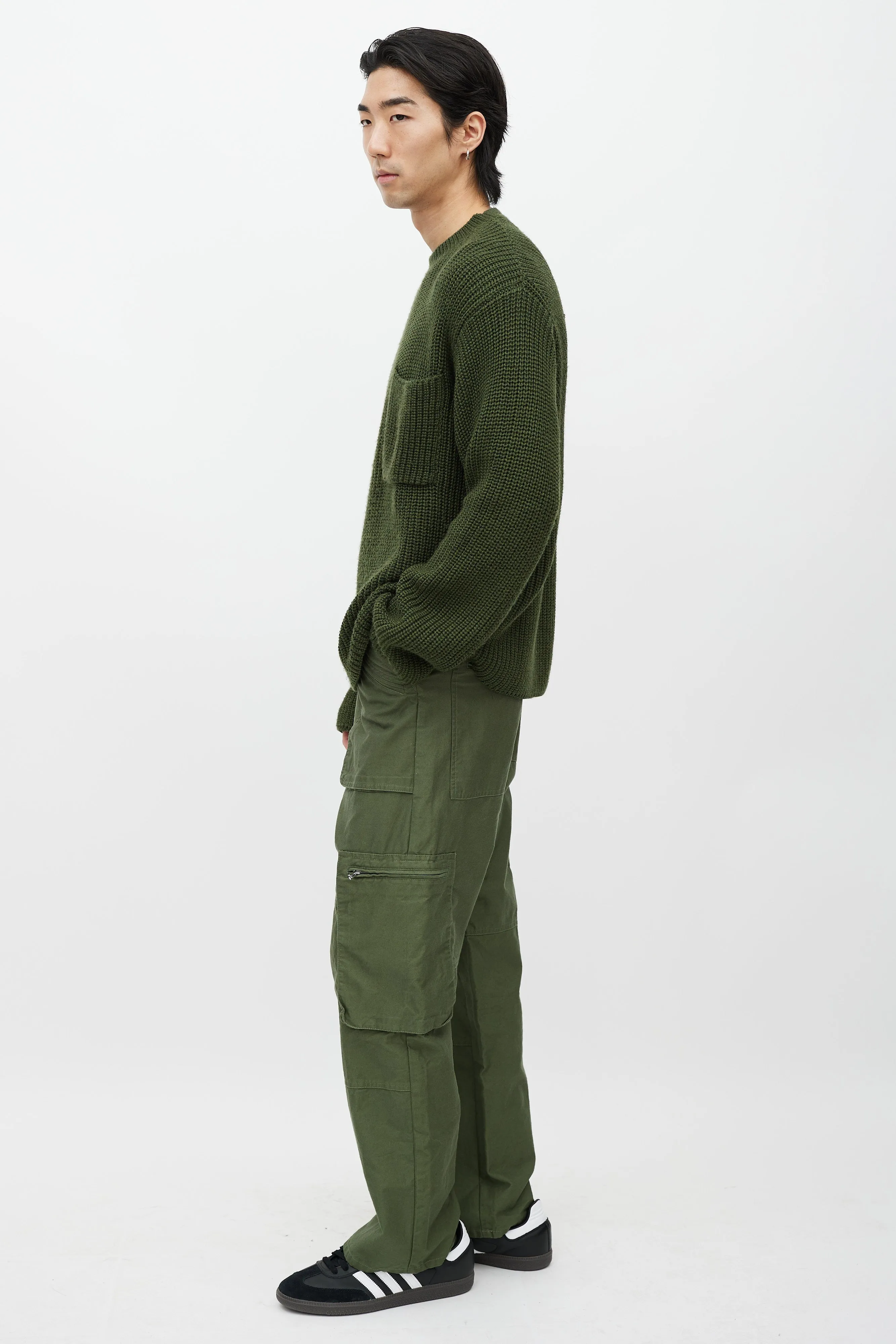 Green Wool Ribbed Knit Sweater