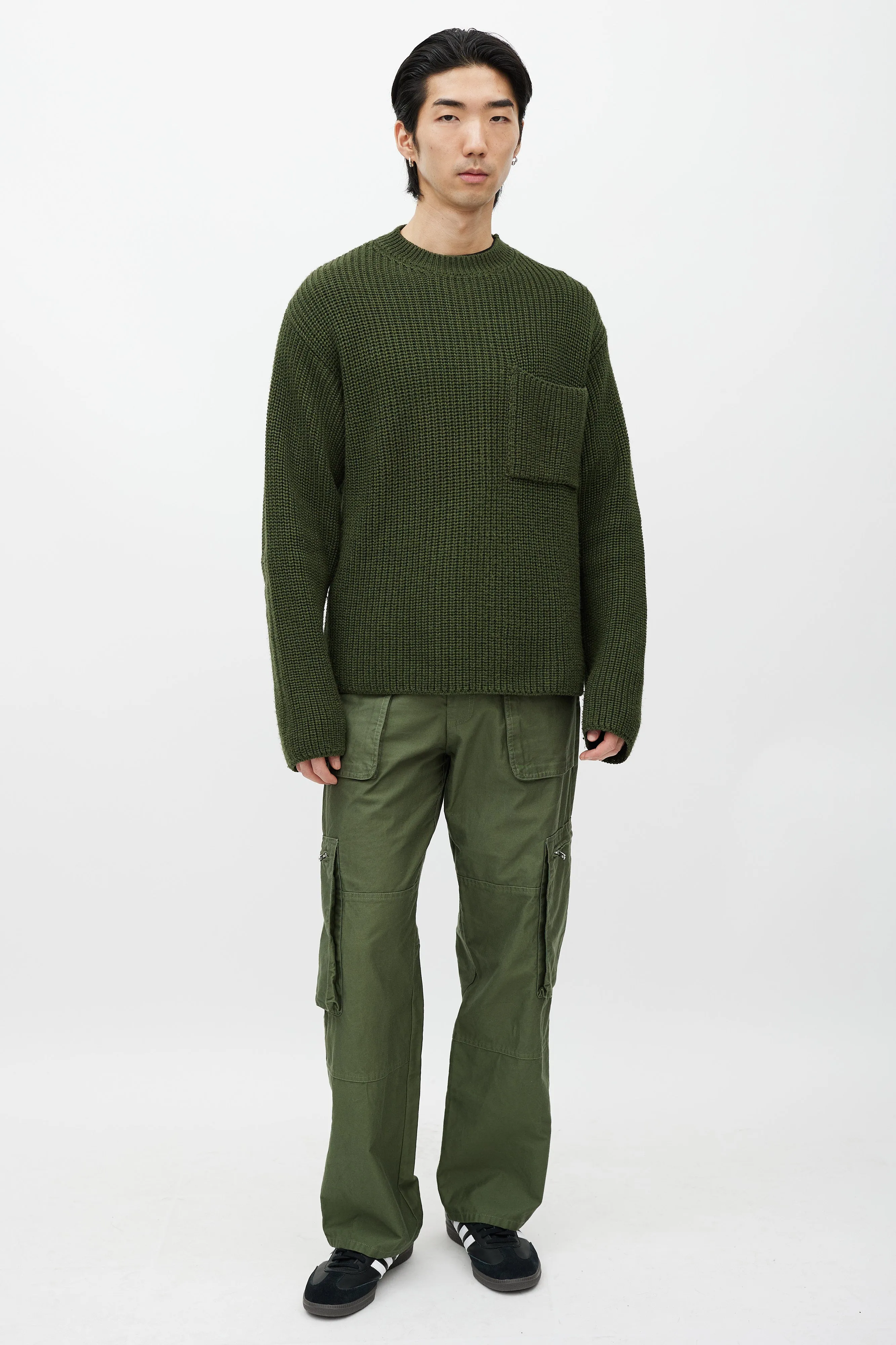 Green Wool Ribbed Knit Sweater