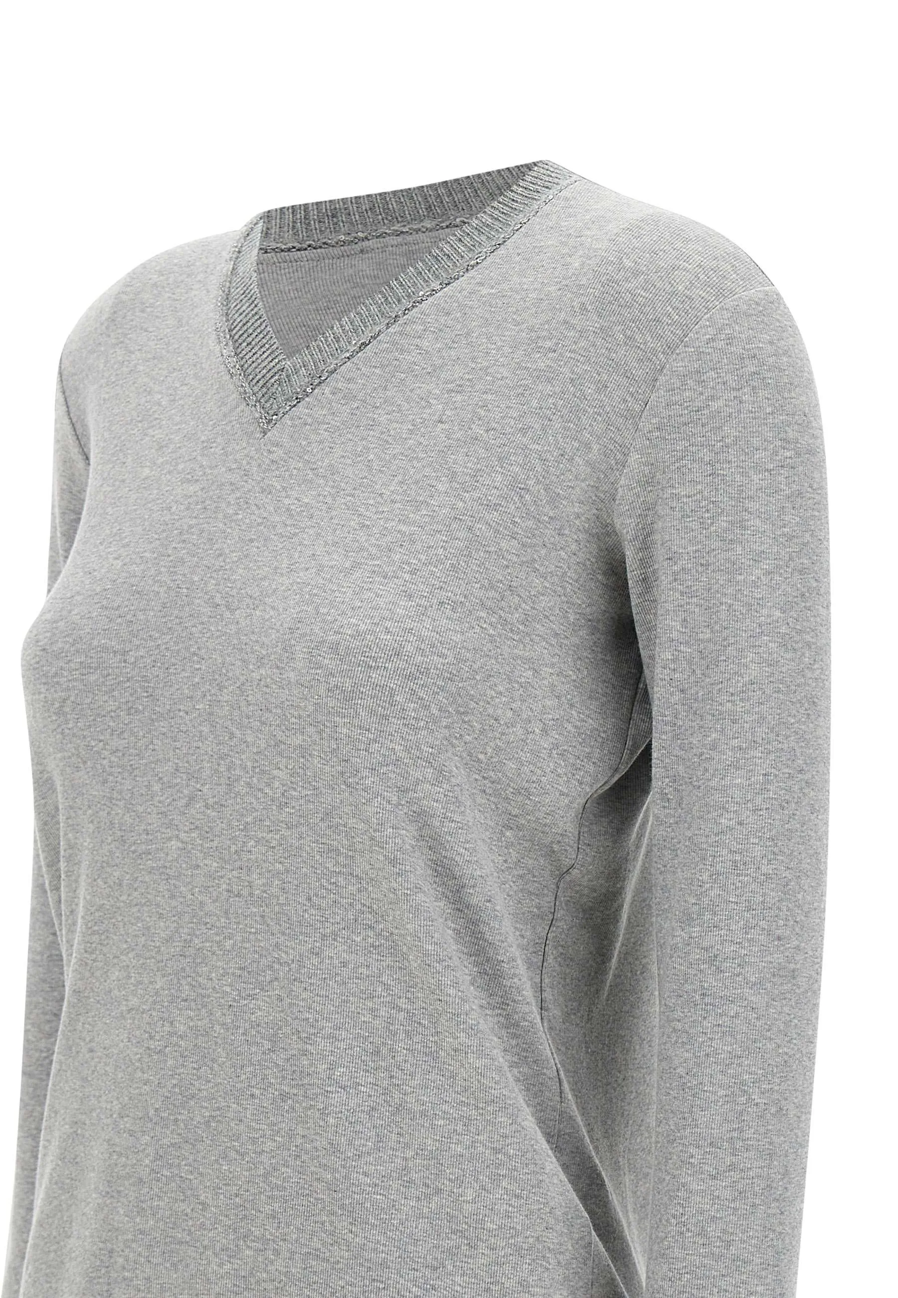 Grey Ribbed V-Neck Sweater with Sequins