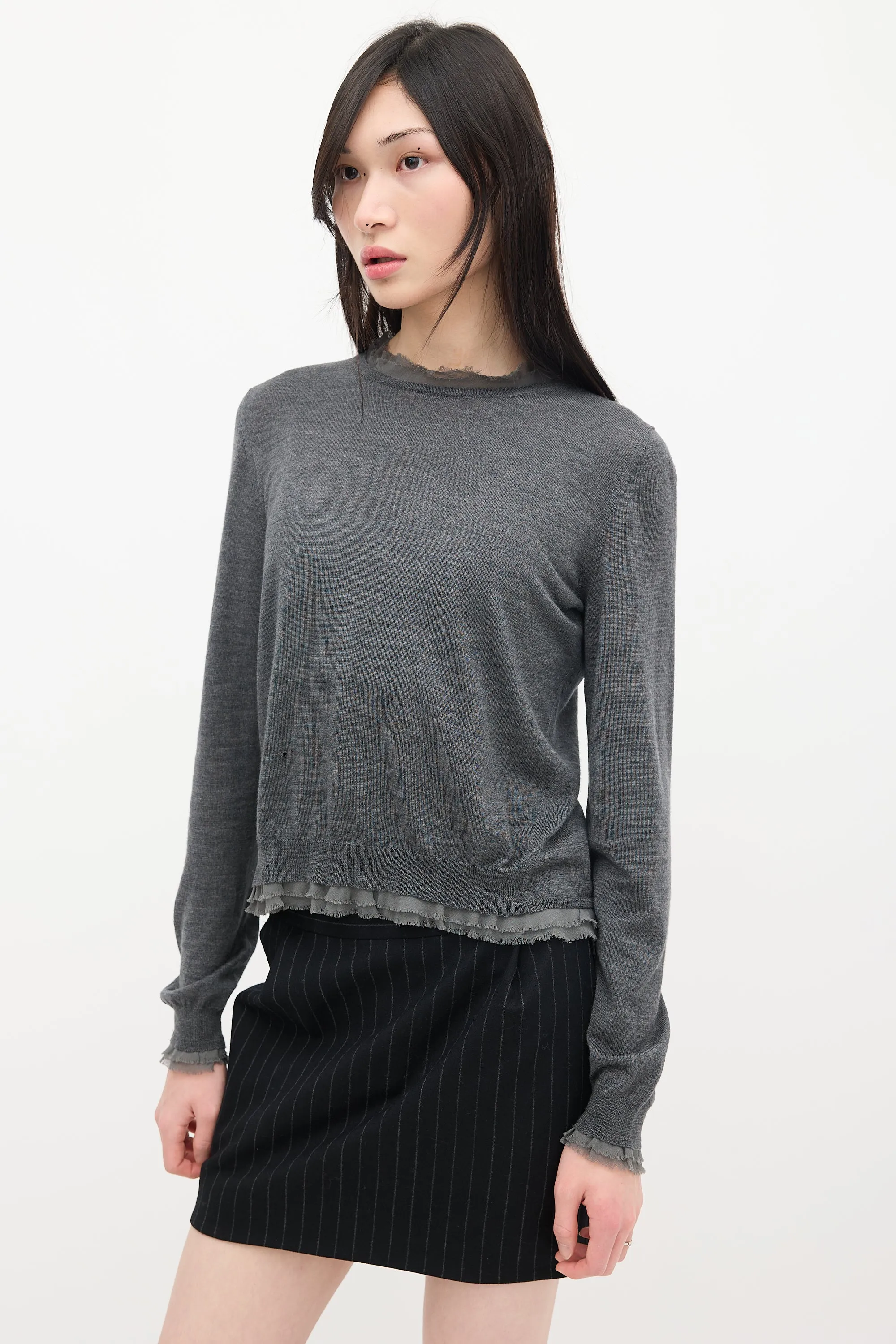 Grey Wool Knit Raw Hem Sweater