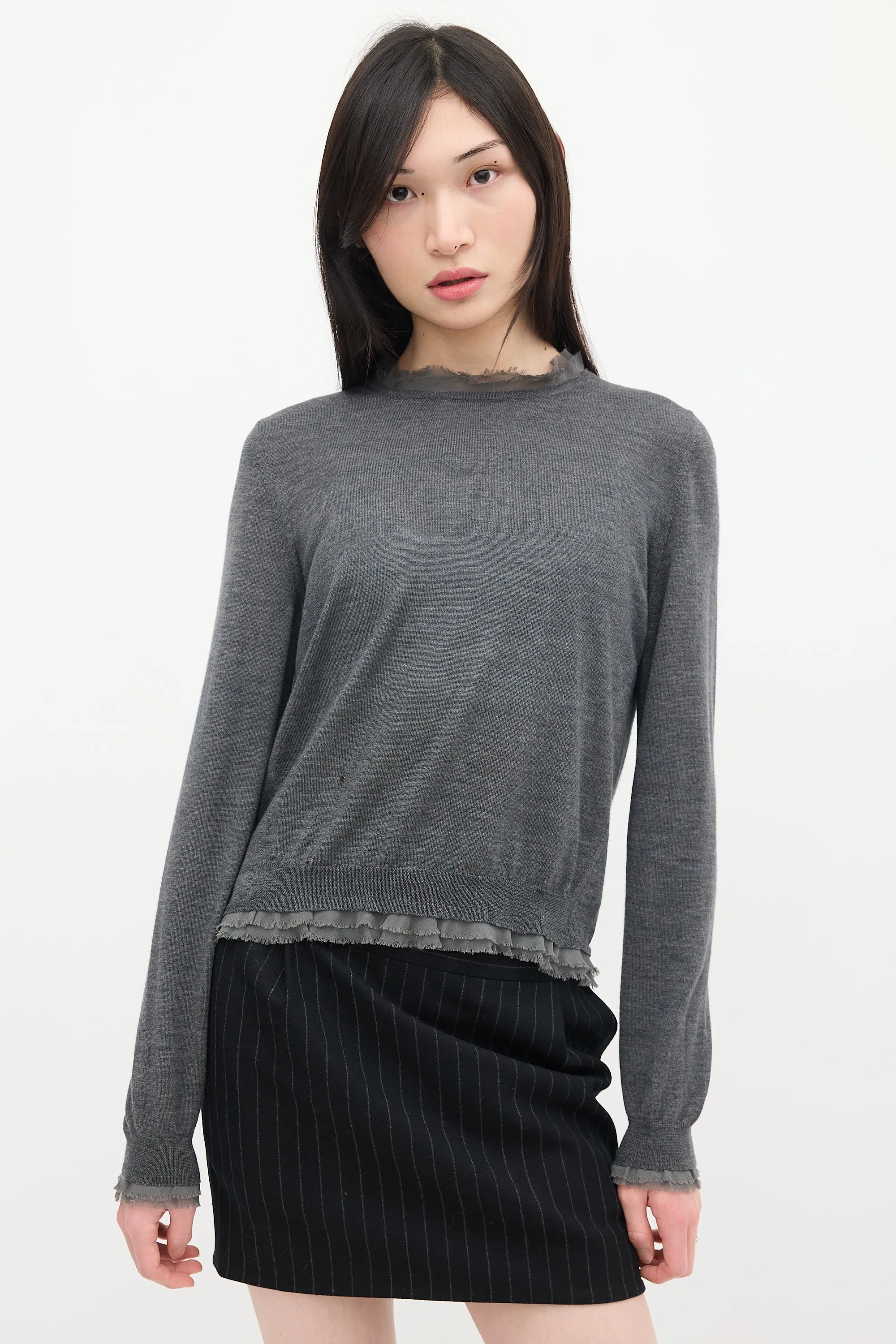 Grey Wool Knit Raw Hem Sweater