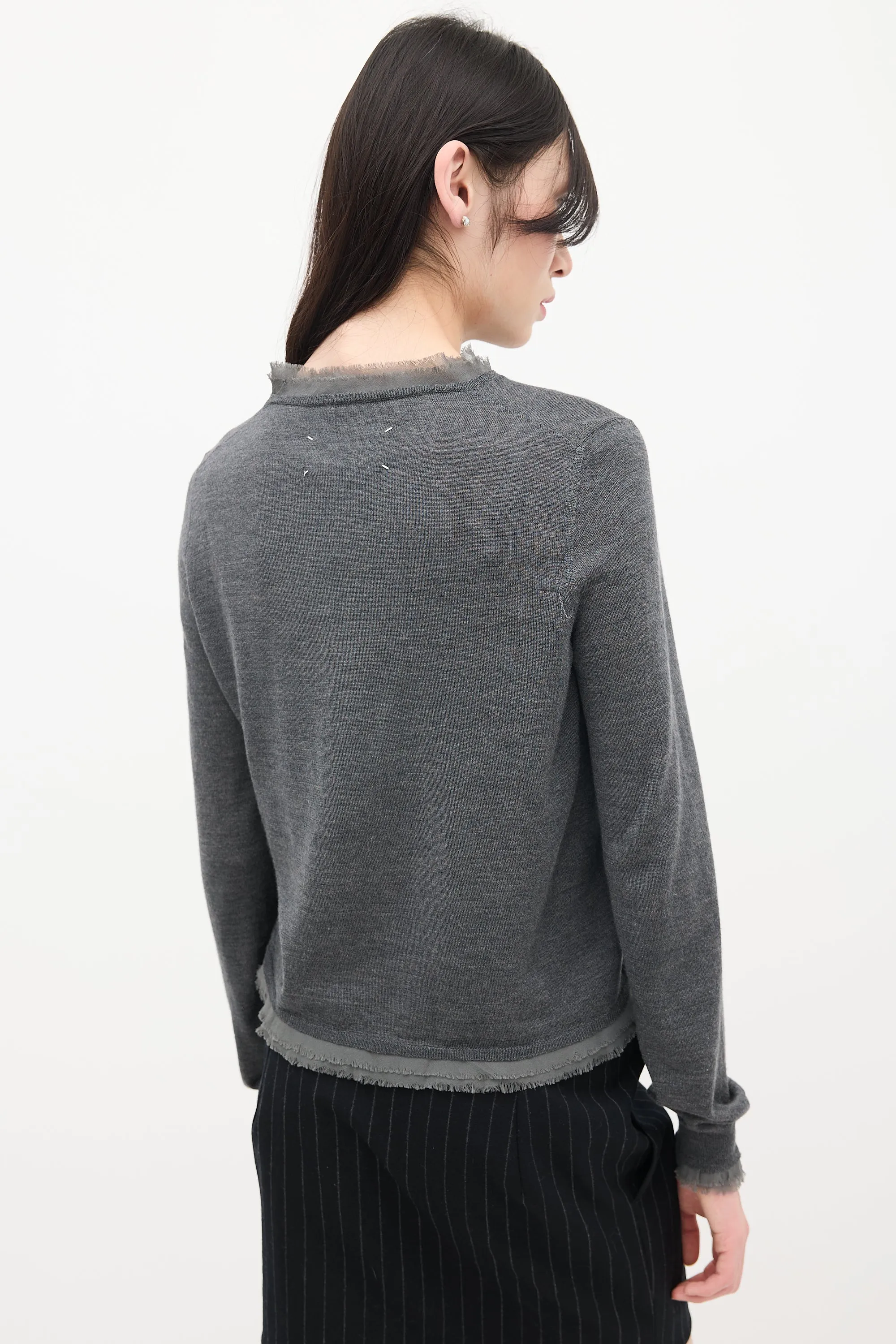 Grey Wool Knit Raw Hem Sweater