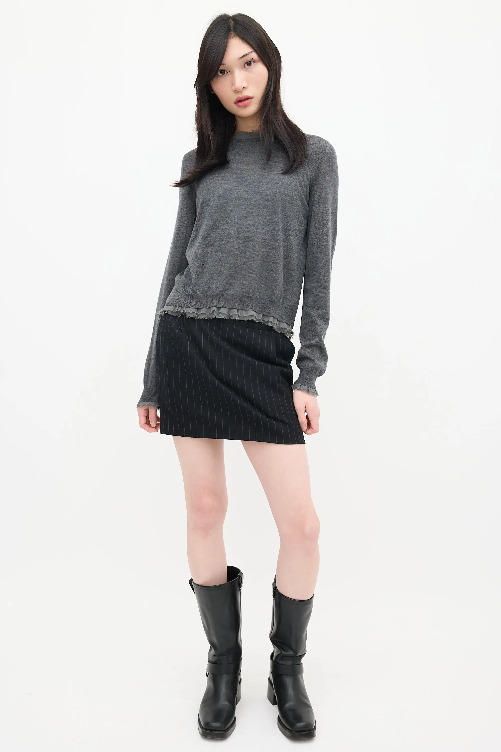 Grey Wool Knit Raw Hem Sweater