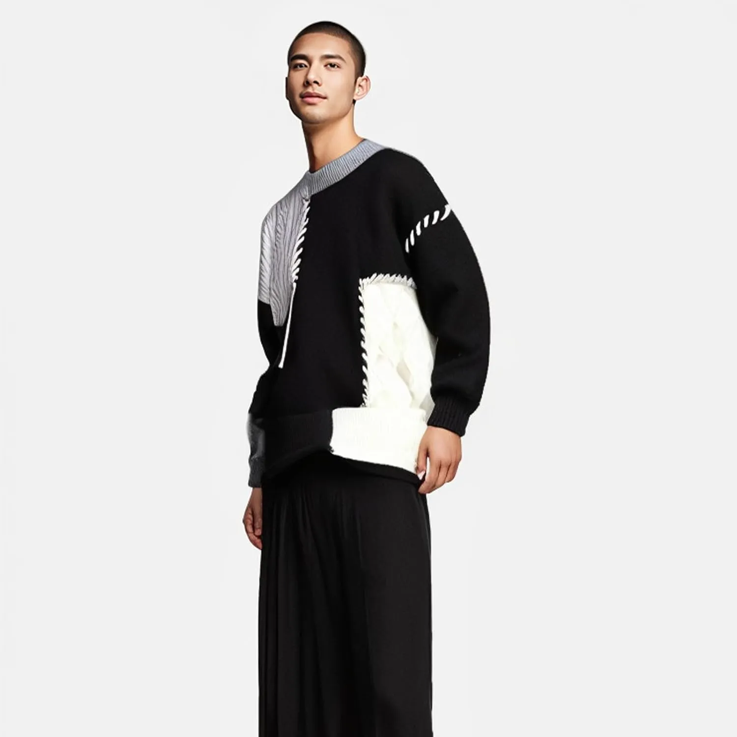 GURUNVANI Patchwork Sweater Mens Colorblock Jumper Cable Knitted Pullover Oversized