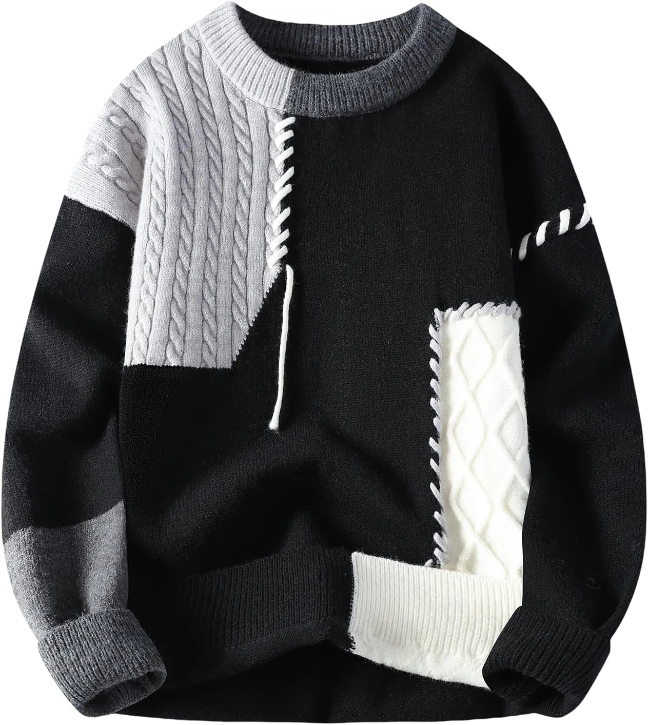 GURUNVANI Patchwork Sweater Mens Colorblock Jumper Cable Knitted Pullover Oversized