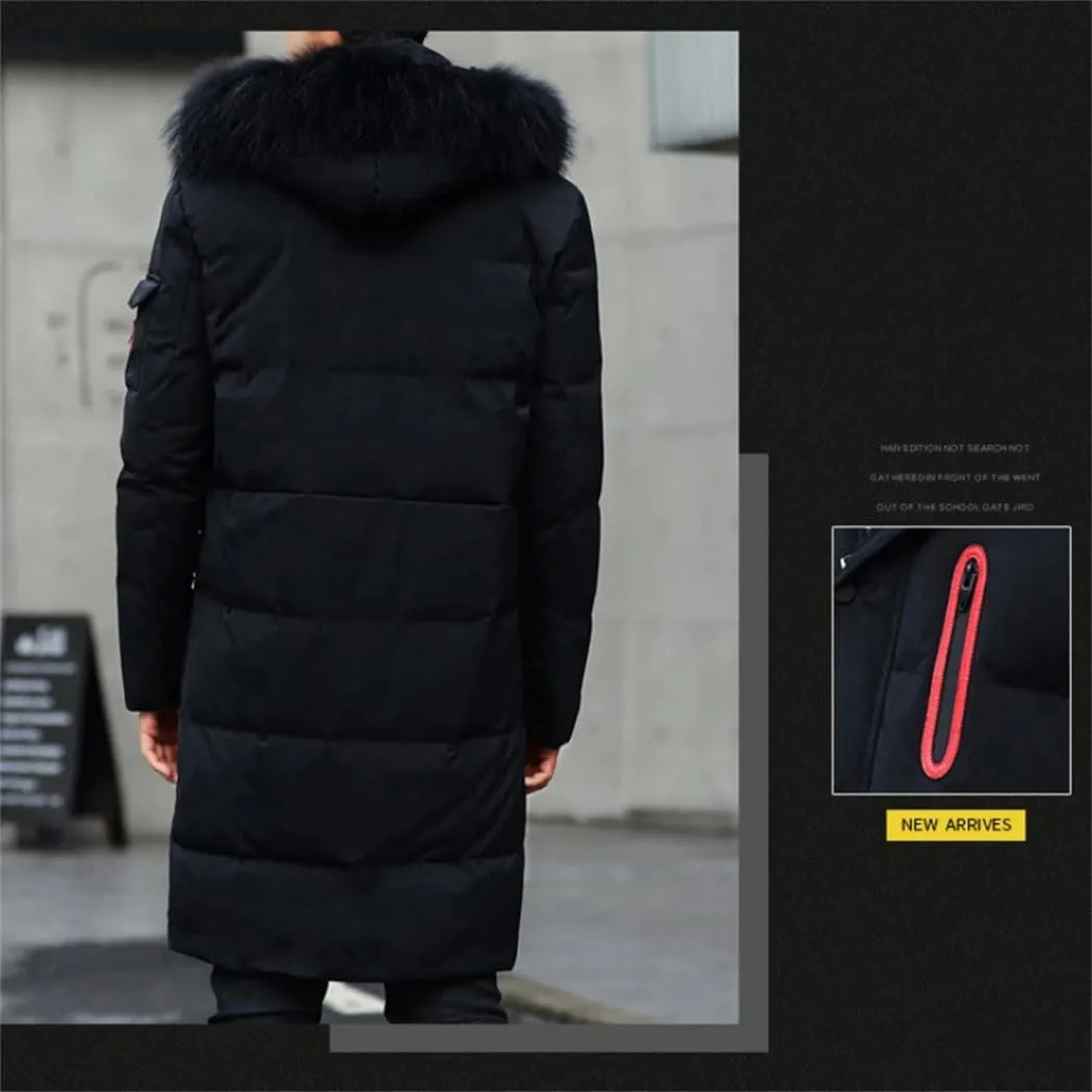 Haitpant Winter Thick Warm Parka Men Hooded Jacket Mid-Length Cotton Padded Coat Fur Collar Long Sleeve Slim Windbreaker