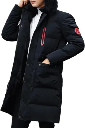 Haitpant Winter Thick Warm Parka Men Hooded Jacket Mid-Length Cotton Padded Coat Fur Collar Long Sleeve Slim Windbreaker