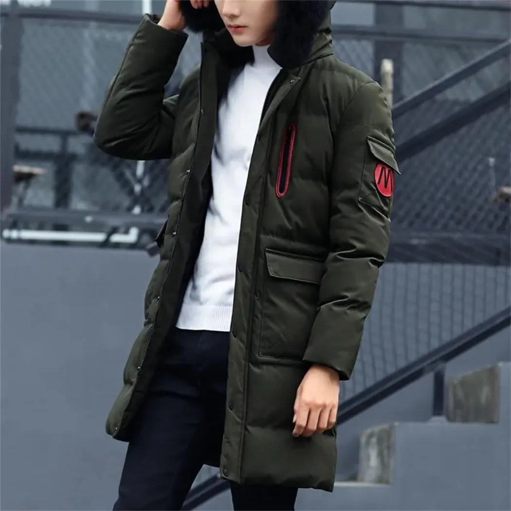 Haitpant Winter Thick Warm Parka Men Hooded Jacket Mid-Length Cotton Padded Coat Fur Collar Long Sleeve Slim Windbreaker