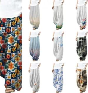 Harem Pants Women Floral Printed Wide Leg Casual Cotton Linen High Waist Summer Beach Trousers with Pockets