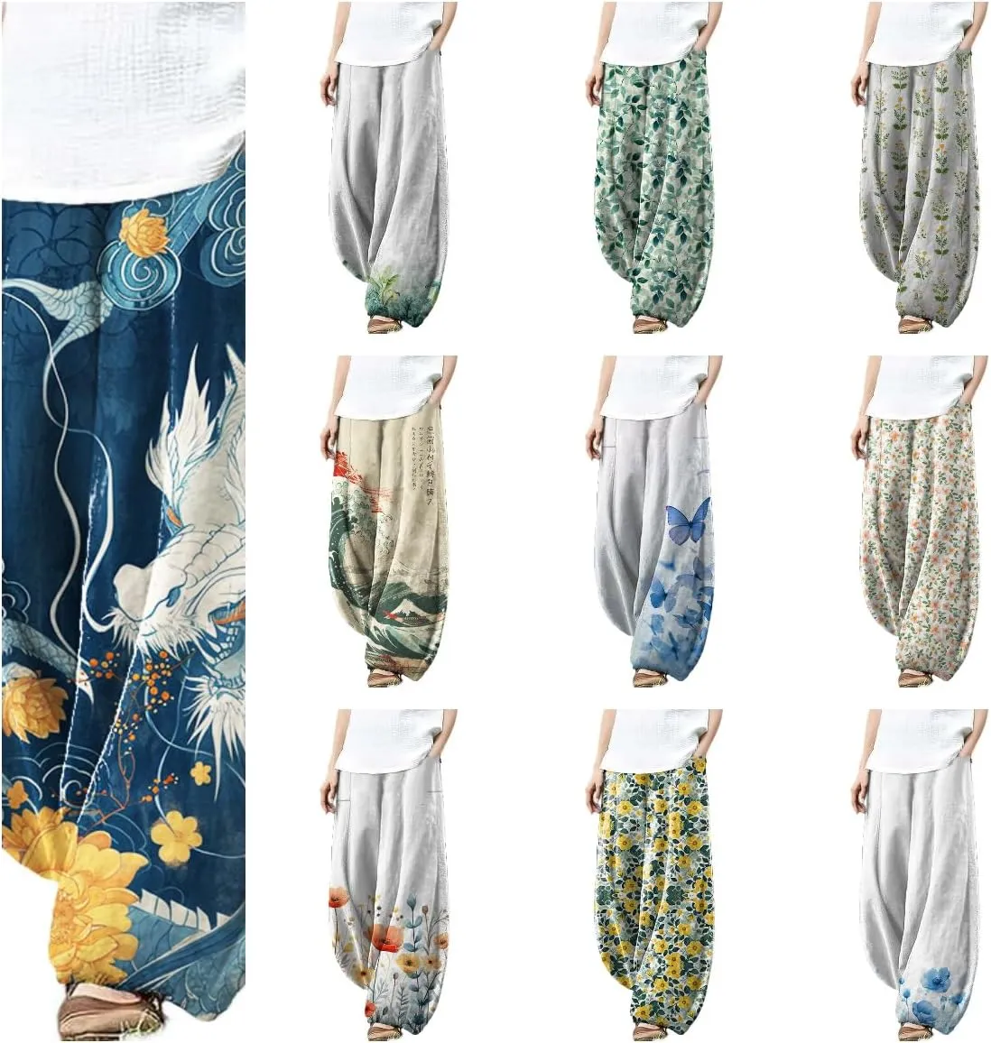 Harem Pants Women Floral Printed Wide Leg Casual Cotton Linen High Waist Summer Beach Trousers with Pockets
