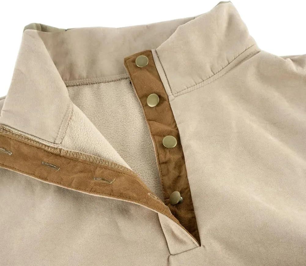HARGLESMAN Mens Suede Sweatshirts Stand Collar Button Up Love Sleeve Pullover with Elbow Patches