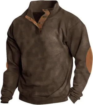 HARGLESMAN Mens Suede Sweatshirts Stand Collar Button Up Love Sleeve Pullover with Elbow Patches