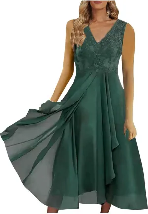 HGps8w Mother of The Groom Dresses for Wedding Sleeveless Lace Appliques High Low V Neck Chiffon Flowy Formal Evening Dress