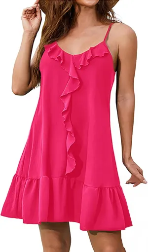HGps8w Ruffle Mini Dress for Women Summer Loose Spaghetti Straps Sleeveless Casual V Neck Cute A-Line Beach Sun Dresses