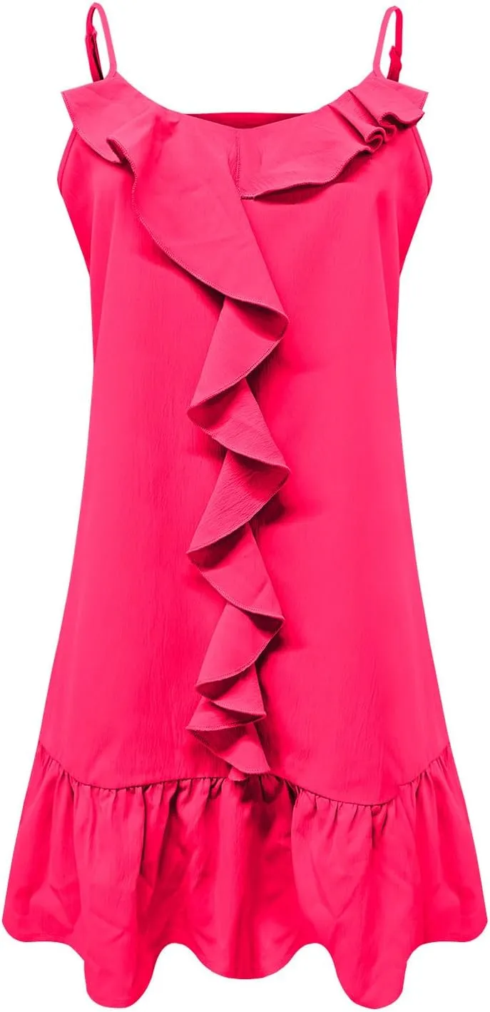 HGps8w Ruffle Mini Dress for Women Summer Loose Spaghetti Straps Sleeveless Casual V Neck Cute A-Line Beach Sun Dresses