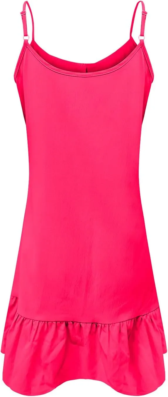 HGps8w Ruffle Mini Dress for Women Summer Loose Spaghetti Straps Sleeveless Casual V Neck Cute A-Line Beach Sun Dresses