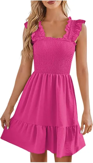 HGps8w Summer Dress for Women Casual Smocked Square Neck Ruffle Sleeveless Tiered Loose Swing Mini Beach Sun Dress