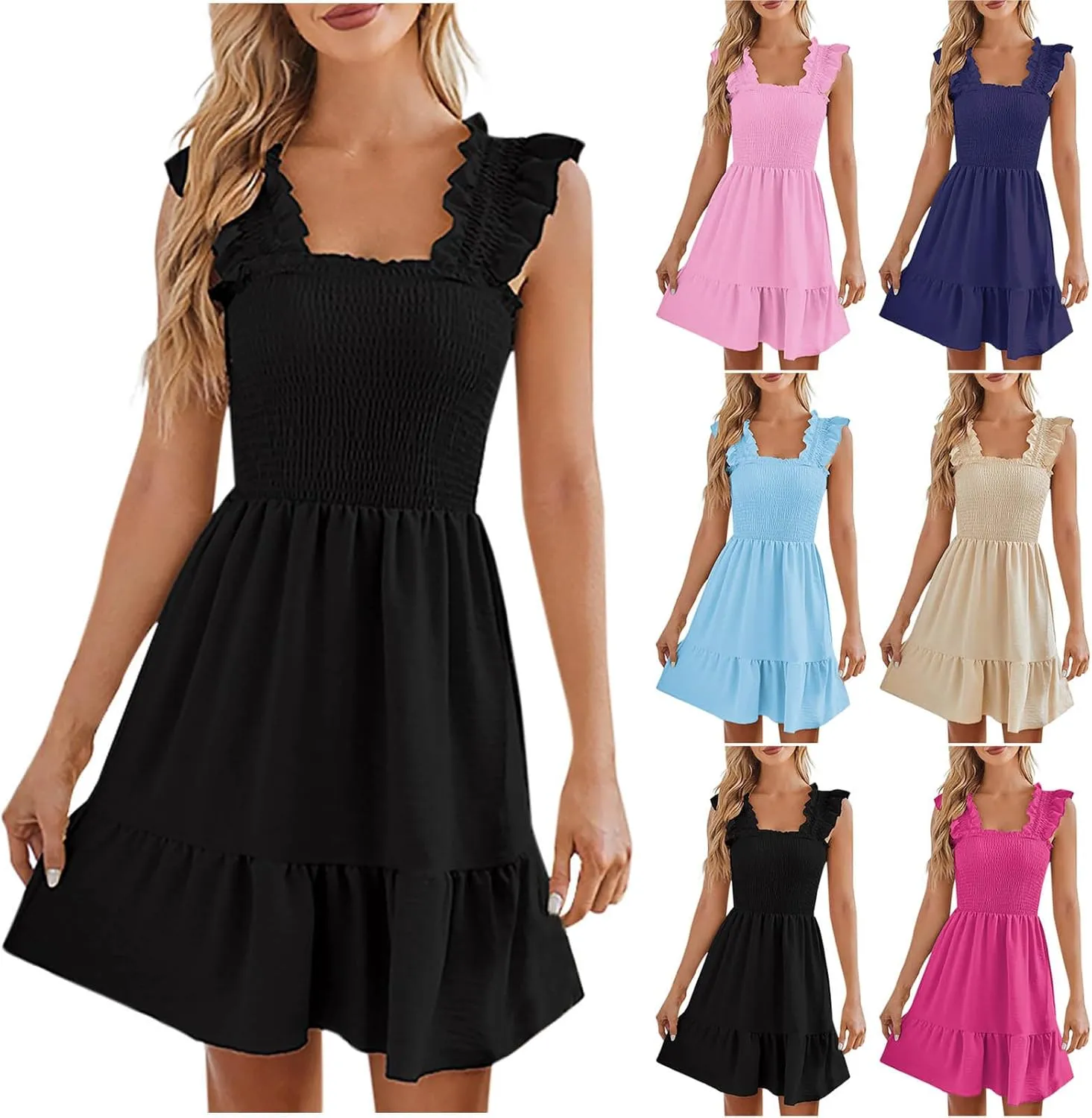 HGps8w Summer Dress for Women Casual Smocked Square Neck Ruffle Sleeveless Tiered Loose Swing Mini Beach Sun Dress