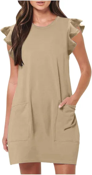 HGps8w Summer Dresses for Women 2025 Ruffle Sleeveless Crew Neck Loose Short Dress Mini Beach Sundress with Pockets