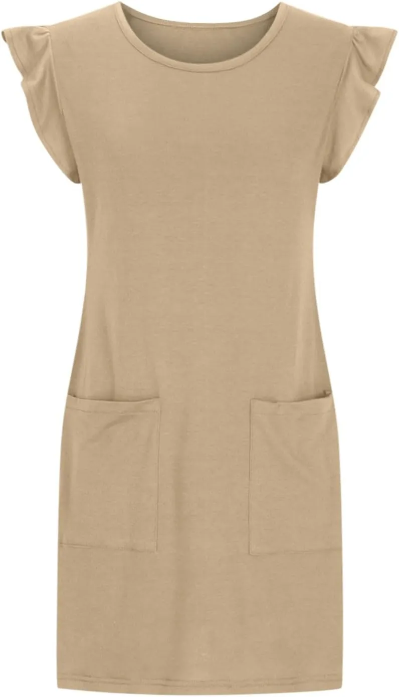 HGps8w Summer Dresses for Women 2025 Ruffle Sleeveless Crew Neck Loose Short Dress Mini Beach Sundress with Pockets