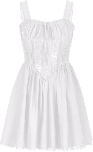HGps8w Women's Corset Mini Dress Sexy Sleeveless Lace Trim Low Cut Backless Short Dress Ruffle Cocktail Sundress
