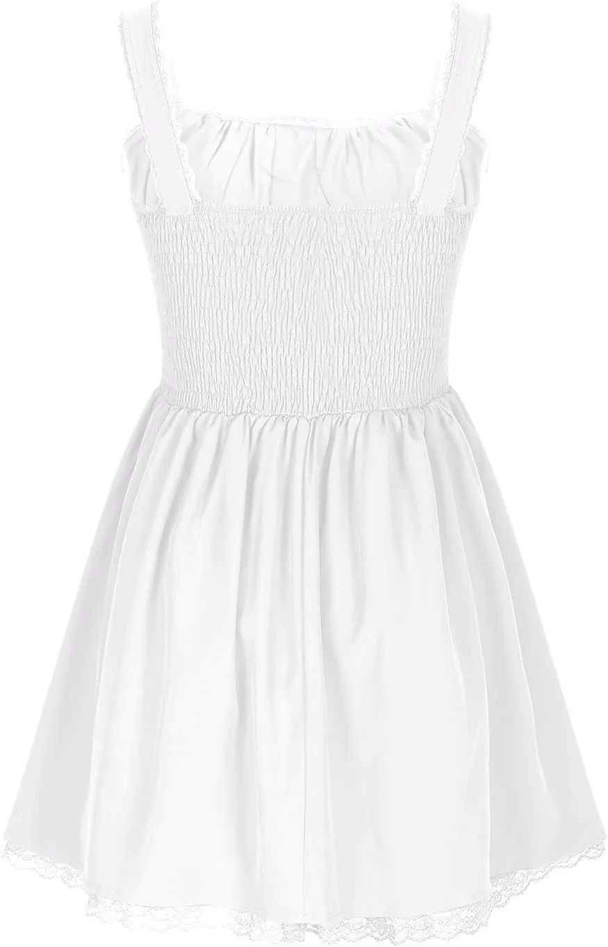 HGps8w Women's Corset Mini Dress Sexy Sleeveless Lace Trim Low Cut Backless Short Dress Ruffle Cocktail Sundress