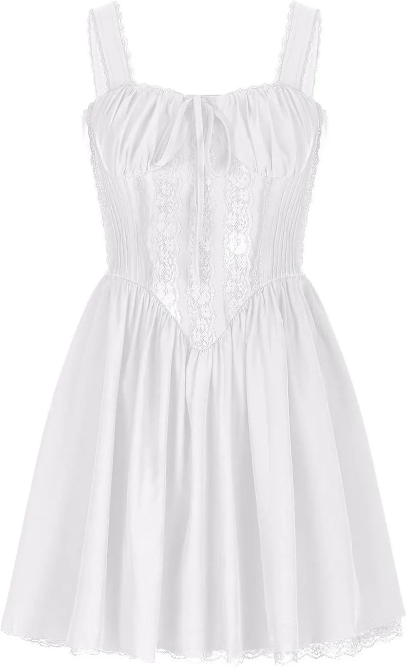 HGps8w Women's Corset Mini Dress Sexy Sleeveless Lace Trim Low Cut Backless Short Dress Ruffle Cocktail Sundress