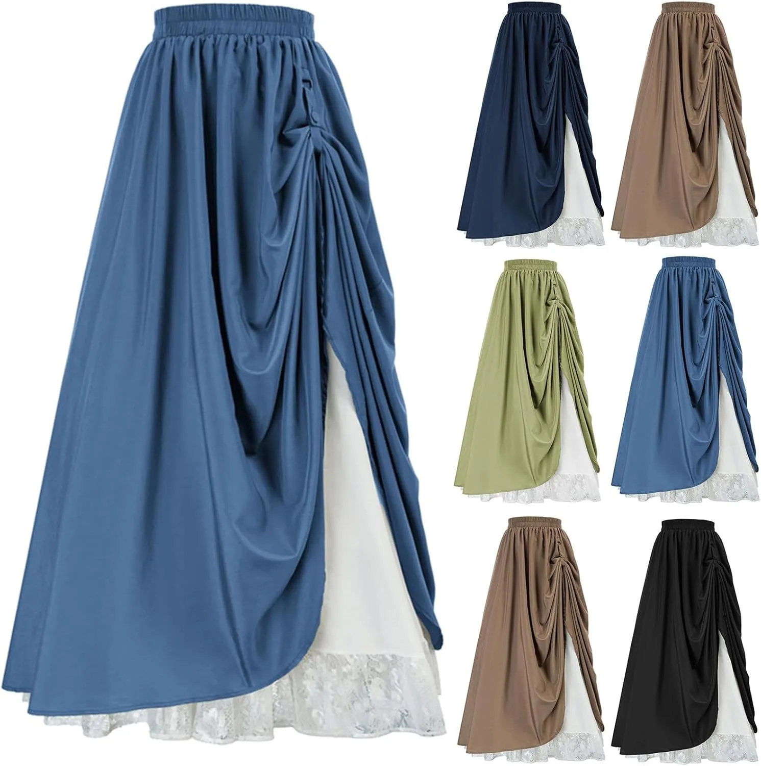 HGps8w Womens Floor Lenght Retro Renaissance Skirt Double Layer High Waist Gothic Medieval Victorian Tiered Maxi Long Skirts