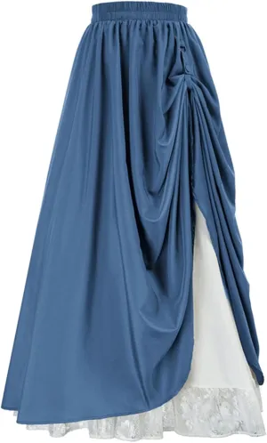 HGps8w Womens Floor Lenght Retro Renaissance Skirt Double Layer High Waist Gothic Medieval Victorian Tiered Maxi Long Skirts