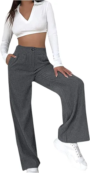 HGps8w Womens High Waist Corduroy Pants Y2K Straight Wide Leg Casual Workout Trousers with Pocket Teen Girls Baggy Streetwear