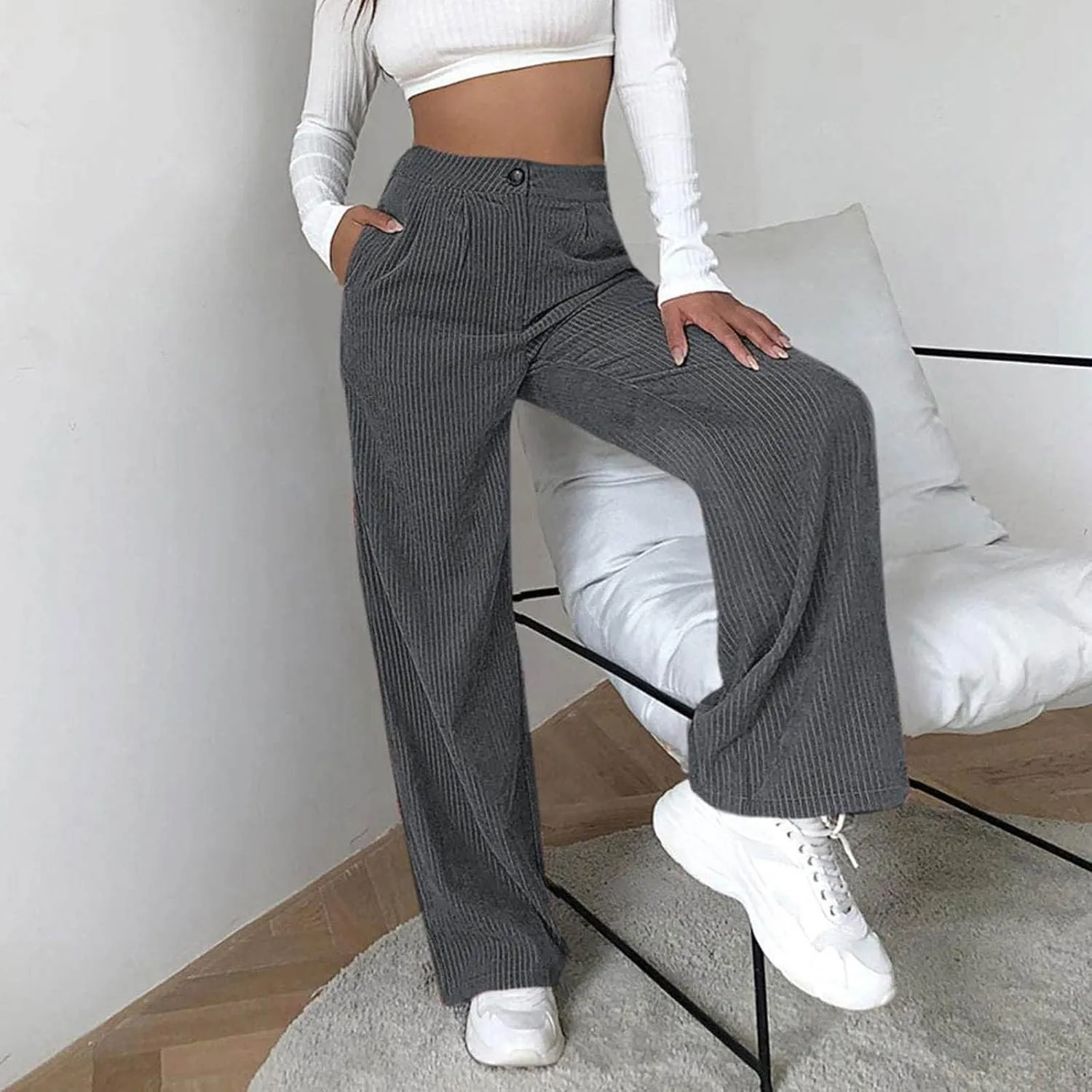 HGps8w Womens High Waist Corduroy Pants Y2K Straight Wide Leg Casual Workout Trousers with Pocket Teen Girls Baggy Streetwear